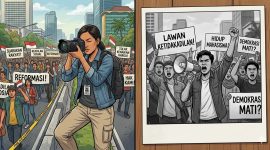 Ilustrasi Seseorang Fotografer Jurnalistik dan Hasil Fotonya,(Foto : Ai.)