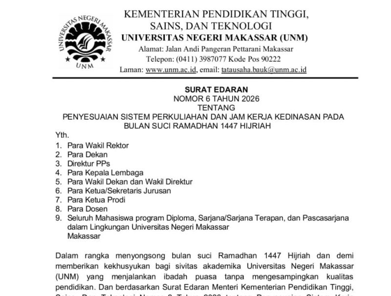 Surat Edaran UNM tentang Penyesuaian Sistem Perkuliahan dan Jam Kerja Kedinasan selama Ramadhan, (Foto: Int)