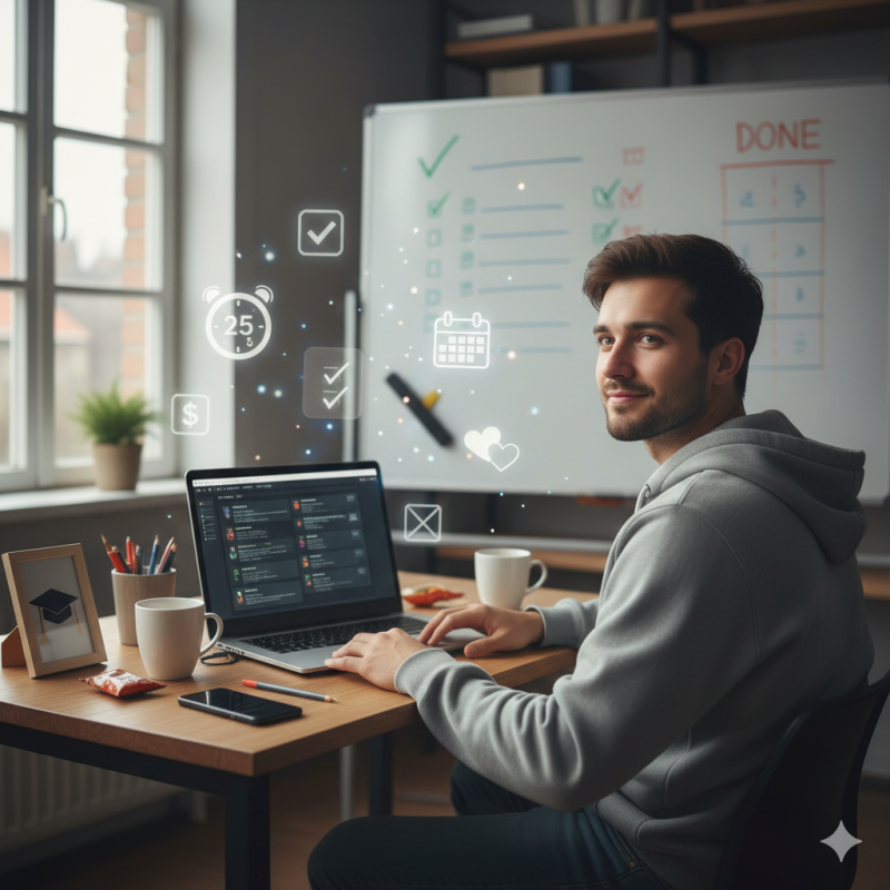 Potret seorang mahasiswa pria yang tampak fokus, tenang, dan termotivasi saat bekerja di meja belajarnya,(Foto : Ai)