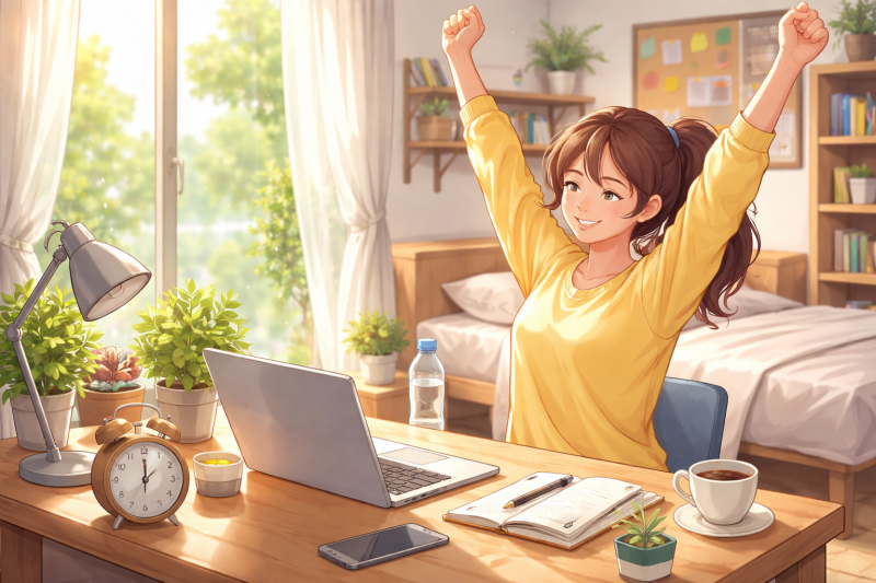 Ilustrasi suasana pagi yang cerah memperlihatkan seseorang bekerja dengan segar dan fokus di meja kerja, (Foto: Ai)