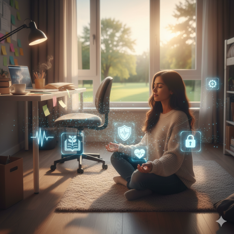 Ilustrasi seseorang refleksi dan ketenangan diri seorang mahasiswi di tengah kesibukan akademiknya, (Foto: Ai)