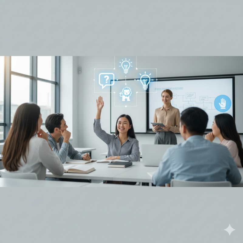 Ilustrasi seorang mahasiswi dengan percaya diri mengangkat tangannya untuk bertanya,(Foto: Ai)