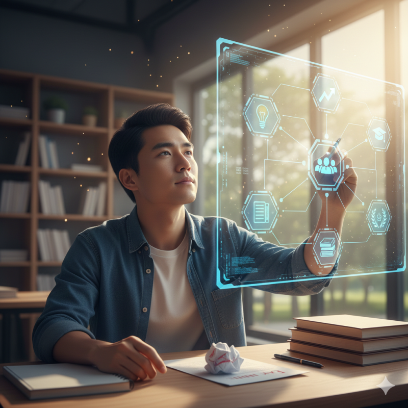 Ilustrasi seorang mahasiswa yang sedang dalam fase refleksi dan perencanaan strategis,(Foto: Ai)