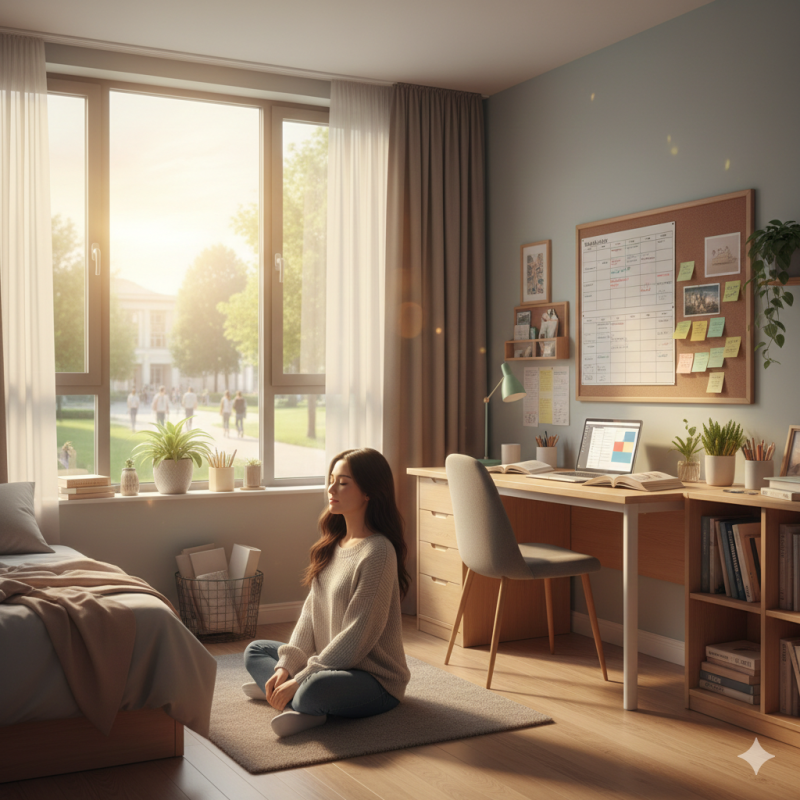 Ilustrasi sebuah kamar kos atau asrama mahasiswa yang memadukan fungsi produktivitas dan relaksasi, (Foto : Ai)