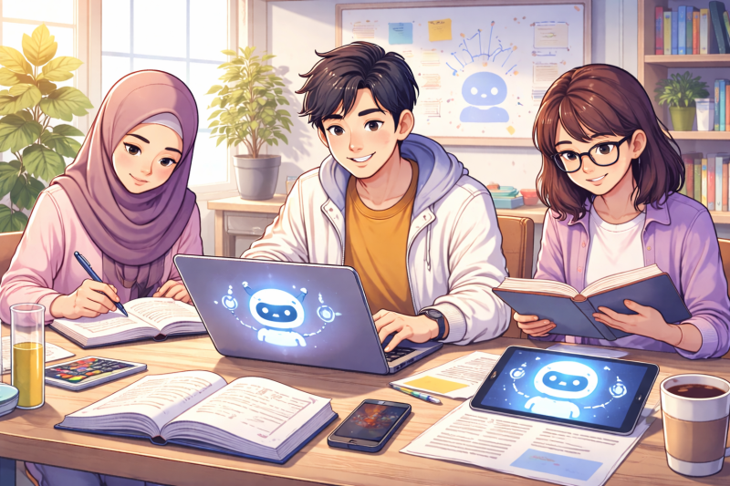 Mahasiswa memanfaatkan teknologi AI sebagai pendamping belajar untuk menyelesaikan tugas kuliah secara mandiri dan bertanggung jawab,(Foto: Ai)