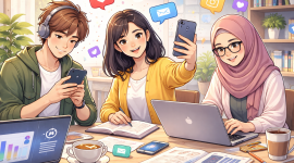 Mahasiswa memanfaatkan media sosial secara kreatif dan seimbang untuk mendukung aktivitas belajar serta kolaborasi akademik kampus,(foto : AI)
