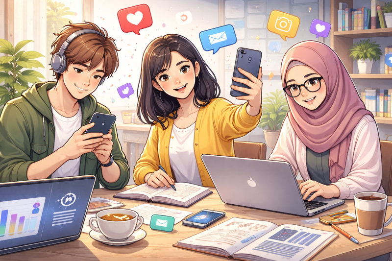 Mahasiswa memanfaatkan media sosial secara kreatif dan seimbang untuk mendukung aktivitas belajar serta kolaborasi akademik kampus,(foto : AI)
