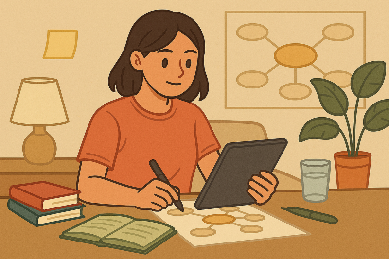 Potret seorang pelajar perempuan sedang duduk di meja belajar dengan ekspresi fokus, (Foto : Ai)