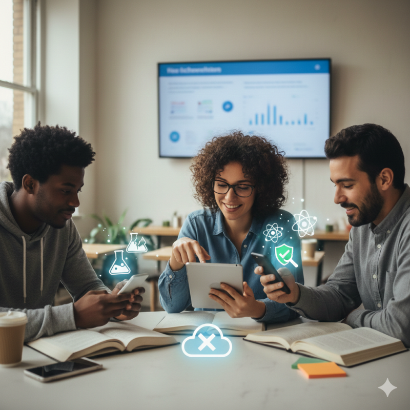 Potret tiga individu yang berinteraksi dengan perangkat digital mereka di lingkungan kolaboratif, (Foto: Ai)