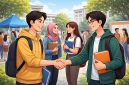 Ilustrasi Mahasiswa Saling Berinteraksi dan Berjabat Tangan, (Foto: Ai.)