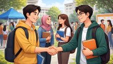 Ilustrasi Mahasiswa Saling Berinteraksi dan Berjabat Tangan, (Foto: Ai.)