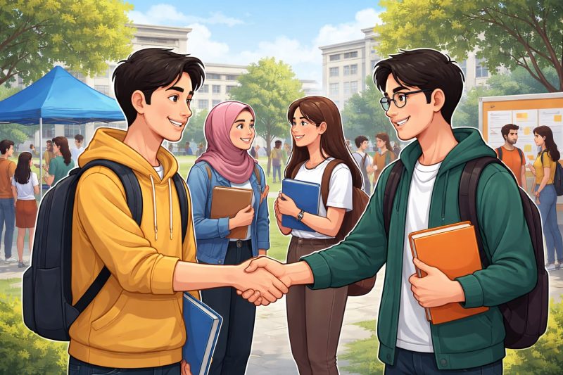 Ilustrasi Mahasiswa Saling Berinteraksi dan Berjabat Tangan, (Foto: Ai.)