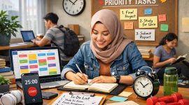 Ilustrasi Seorang Mahasiswa yang Mengatur Waktunya, (Foto: Ai.)