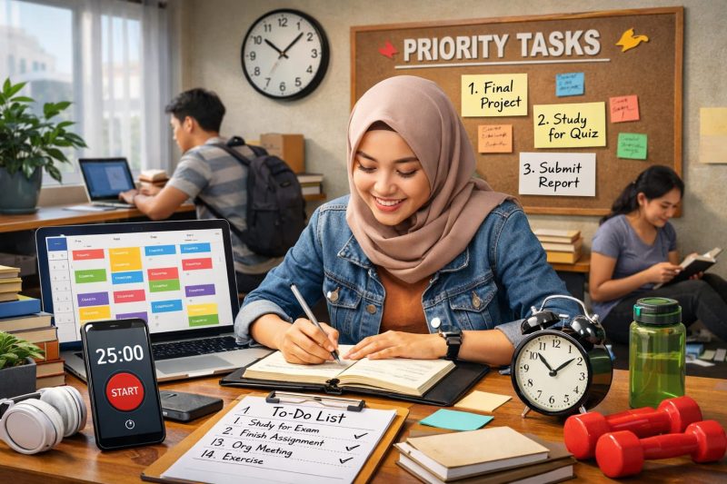 Ilustrasi Seorang Mahasiswa yang Mengatur Waktunya, (Foto: Ai.)
