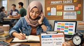 Ilustrasi Foto Mahasiswa yang Mengatur jadwal perkuliahan dengan Organisasi, (Foto: Ai)