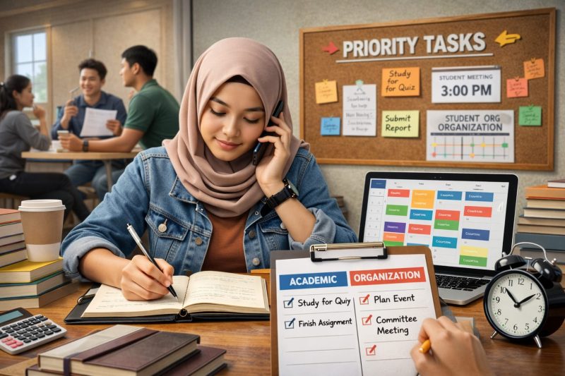 Ilustrasi Foto Mahasiswa yang Mengatur jadwal perkuliahan dengan Organisasi, (Foto: Ai)