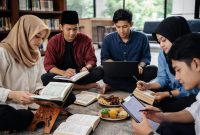Ilustrasi Mahasiswa Sedang Mengaji dan Mengerjakan Tugas Bersama Sambil Menunggu Buka Puasa, (Foto: Ai)