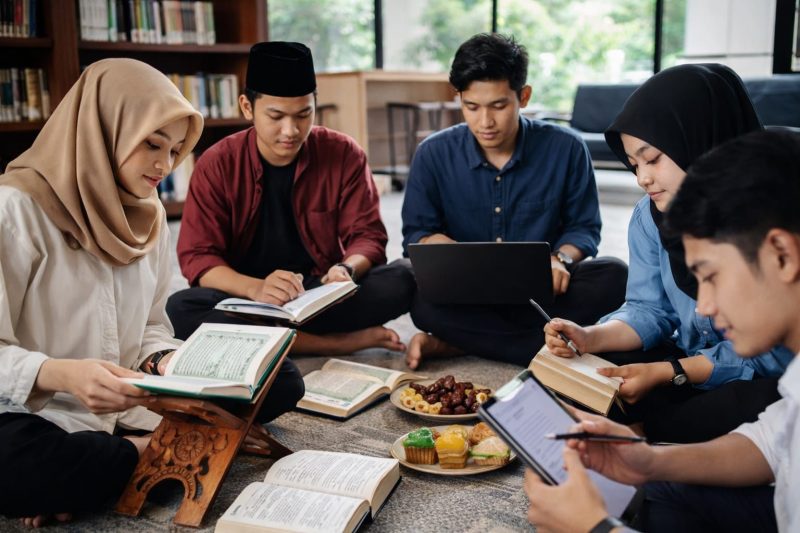 Ilustrasi Mahasiswa Sedang Mengaji dan Mengerjakan Tugas Bersama Sambil Menunggu Buka Puasa, (Foto: Ai)