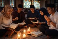Ilustrasi Mahasiswa Yang Sedang Mengaji di 10 Malam Ramadan, (Foto: Ai.)