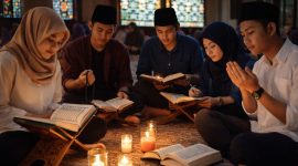 Ilustrasi Mahasiswa Yang Sedang Mengaji di 10 Malam Ramadan, (Foto: Ai.)