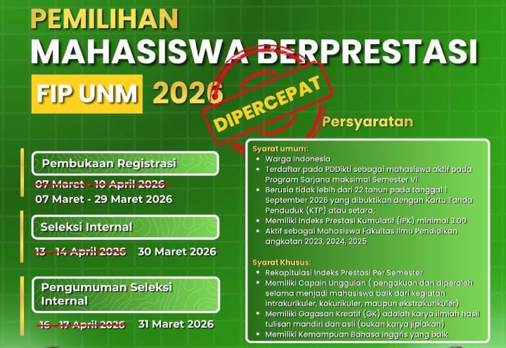 Pamflet Pemilihan Mahasiswa Berprestasi FIP UNM 2026, (Foto: Ist.)