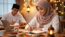 Potret Mahasiswa Belajar dengan Suasana Tenang Selama Bulan Ramadan,( Foto : AI)