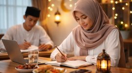Potret Mahasiswa Belajar dengan Suasana Tenang Selama Bulan Ramadan,( Foto : AI)