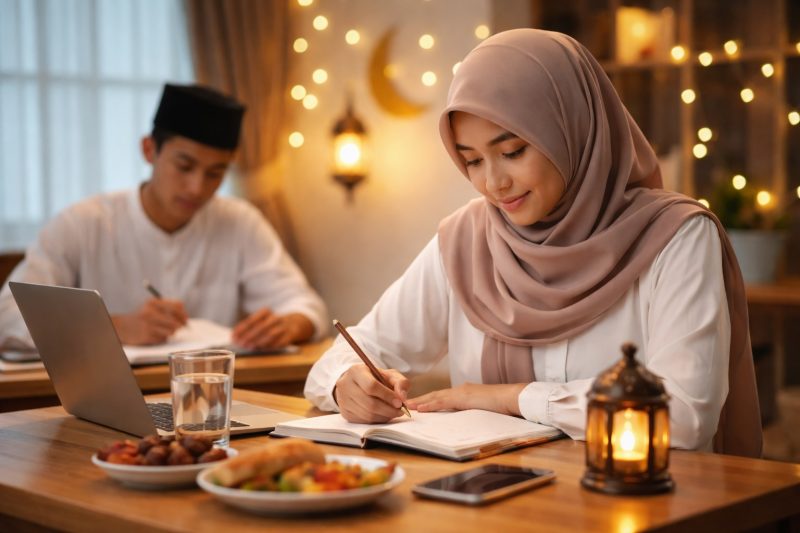 Potret Mahasiswa Belajar dengan Suasana Tenang Selama Bulan Ramadan,( Foto : AI)