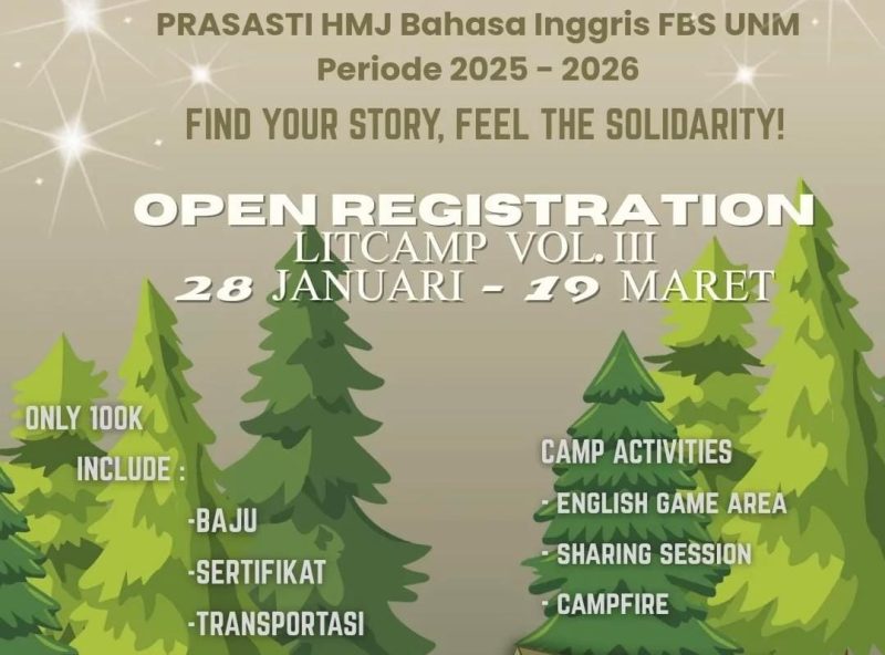 Pamflet Open Registration Litcamp Vol III Prasasti HMJ Bahasa Inggris, (Foto: Int.)