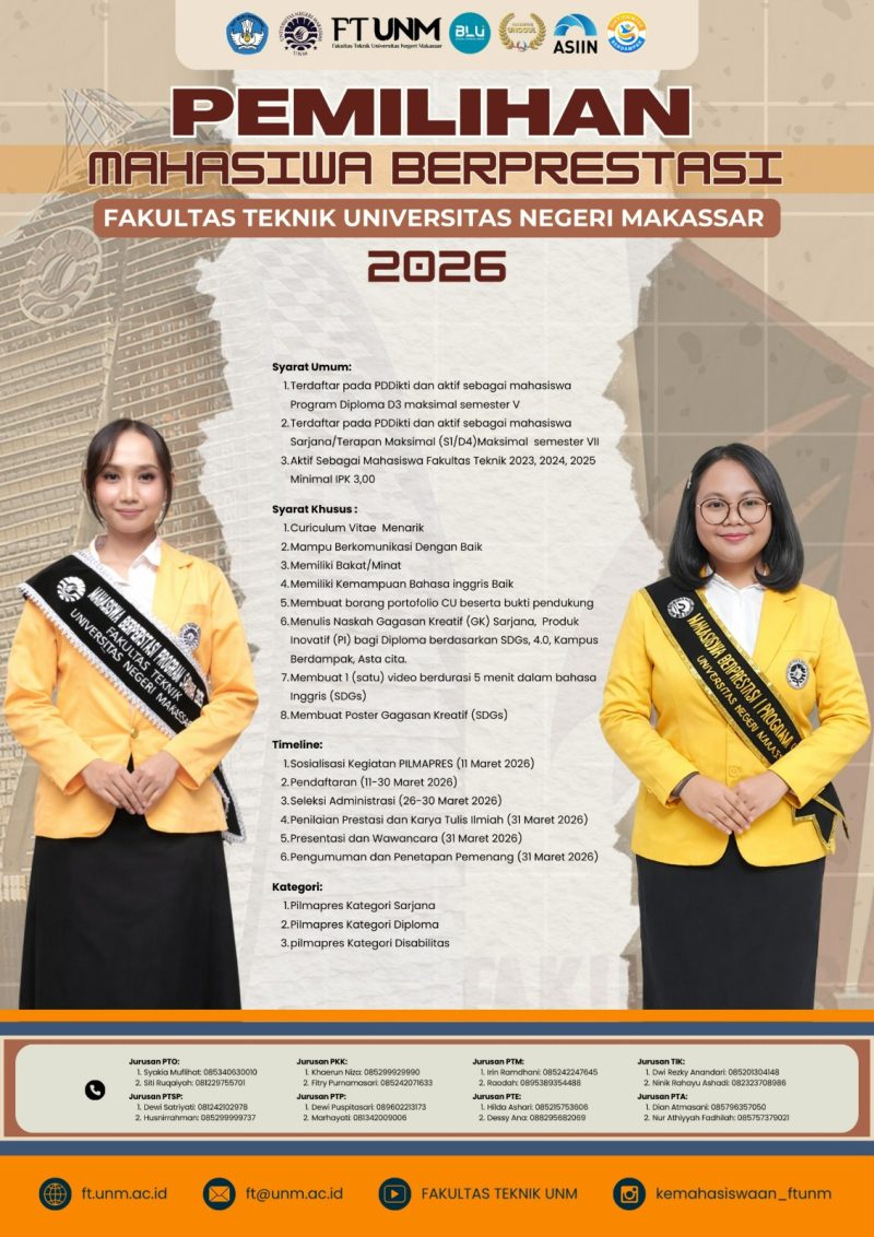 Pamflet Pemilihan Mahasiswa Berprestasi FT UNM 2026, (Foto: Ist.)