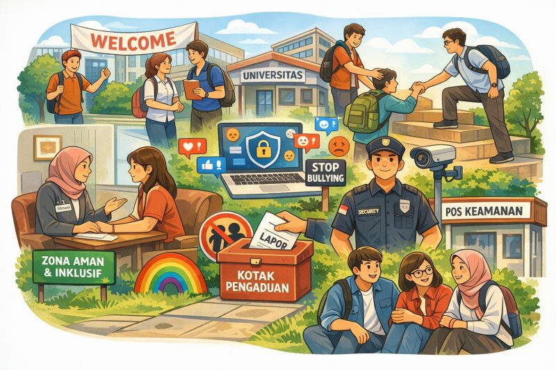 Ilustrasi Mahasiswa Baru dilindungi Kampus dan Aman dari Perundungan Sosial, (Foto: Ai.)
