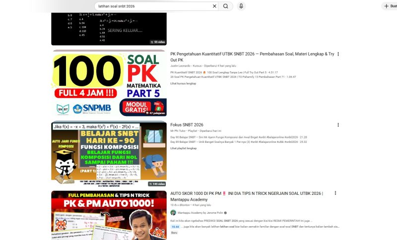 Tampilan channel youtube apabila mencari soal latihan SNBT 2026, (Foto: Int.)