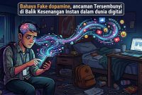 Ilustrasi Mahasiswa yang Terjebak Scrolling Akibat Fake Dopamine, (Foto: Ai.)
