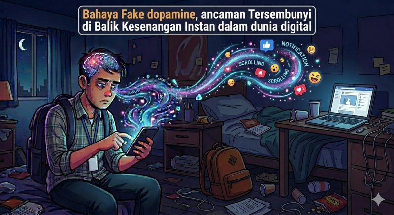 Ilustrasi Mahasiswa yang Terjebak Scrolling Akibat Fake Dopamine, (Foto: Ai.)