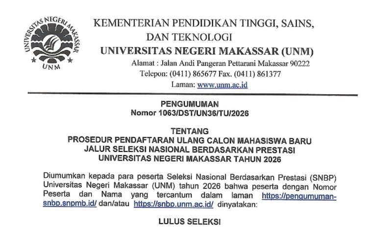 Surat Pengumuman Resmi Tahapan Registrasi Ulang SNBP 2026 yang Dirilis Oleh Universitas Negeri Makassar, (Foto: Ist.)