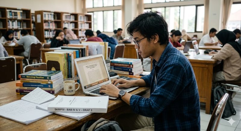 Ilustrasi Seorang Mahasiswa Mengerjakan Skripsi, (Foto: Ai.)