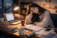 Ilustrasi Seorang Ilustrasi Seorang Mahasiswa Burnout di Tengah Padat nya Tugas Kuliah, (Foto: AI.)