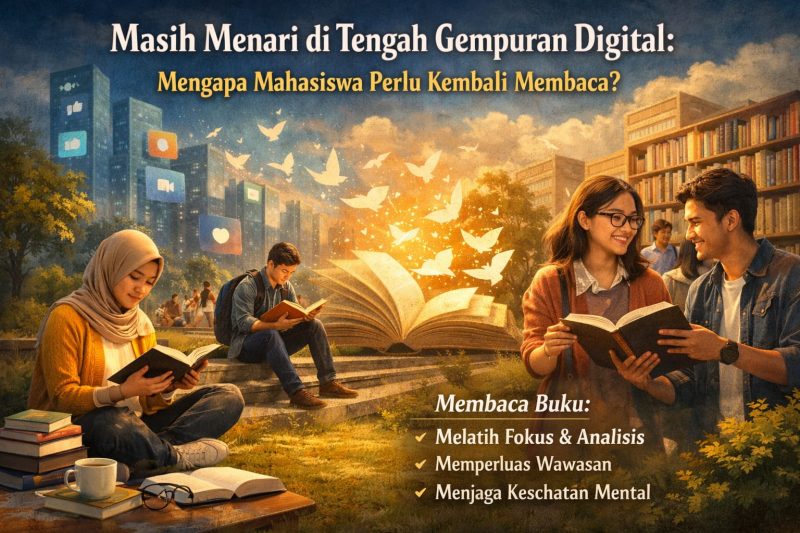 Ilustrasi Mahasiswa yang Sedang Membaca Buku, (Foto: Ai.)