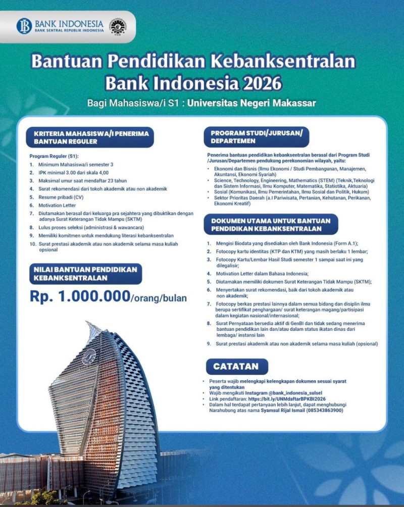 Pamflet Bantuan Pendidikan Kebanksentralan Bank Indonesia 2026, (Fofo: Ist.)
