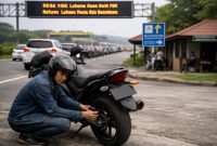 Ilustrasi pengendara motor memeriksa ban kendaraannya sebelum melanjutkan perjalanan arus balik lebaran, (Foto: AI.)