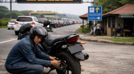 Ilustrasi pengendara motor memeriksa ban kendaraannya sebelum melanjutkan perjalanan arus balik lebaran, (Foto: AI.)