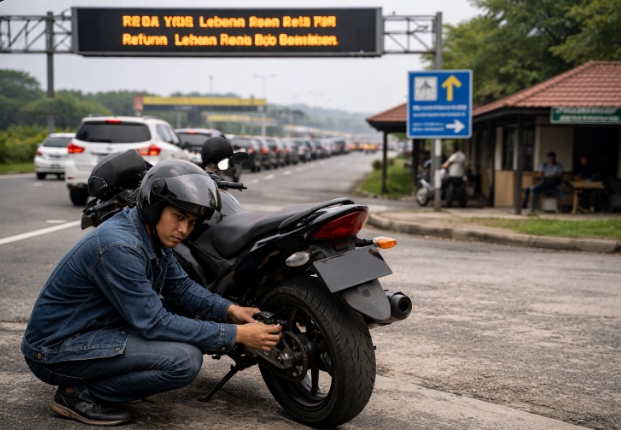 Ilustrasi pengendara motor memeriksa ban kendaraannya sebelum melanjutkan perjalanan arus balik lebaran, (Foto: AI.)