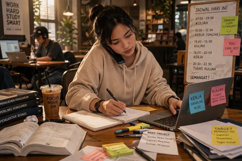 Ilustrasi Mahasiswa yang Menjalani Kuliah Sambil Bekerja, (Foto: Ai.)