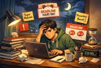 Mahasiswa Menyelesaikan Tugas yang Menumpuk Pada Malam Hari, (Foto:Ai.)