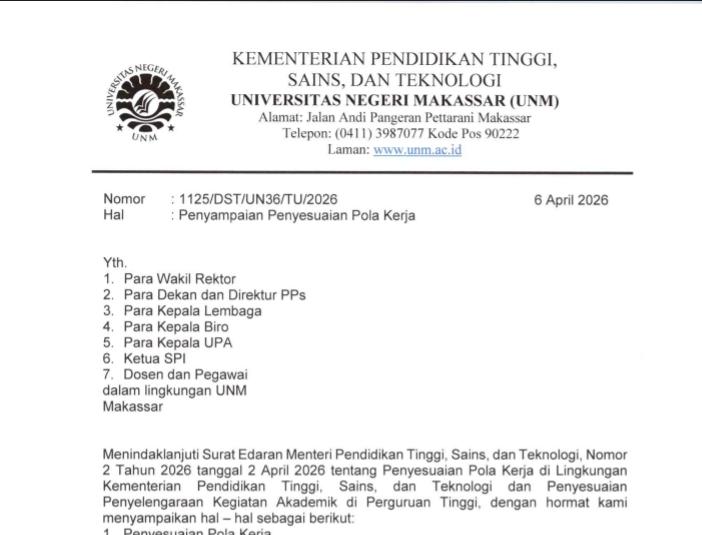 Surat Edaran Plt. Rektor UNM tentang Penyesuaian Pola Kerja di Lingkungan Universitas Negeri Makassar, (Foto: Ist.)