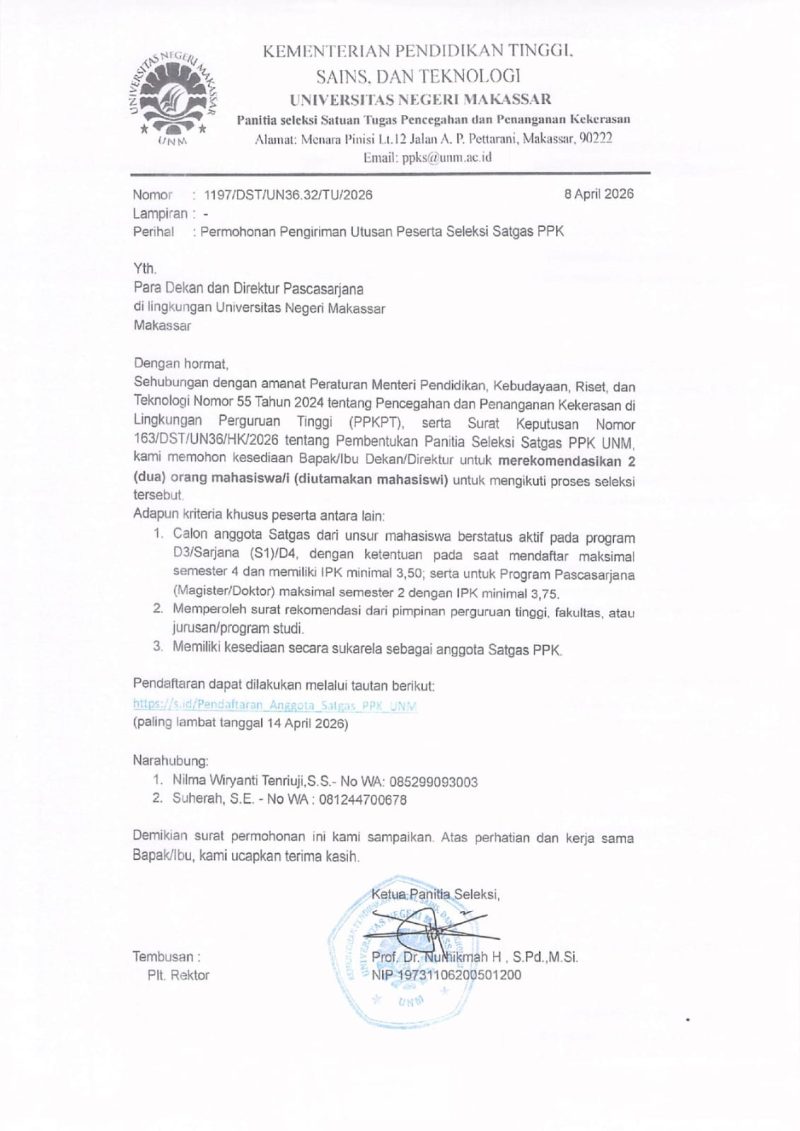 Surat Permohonan Pengiriman Utusan Peserta Seleksi Satgas PPK UNM, (Foto: Ist.)