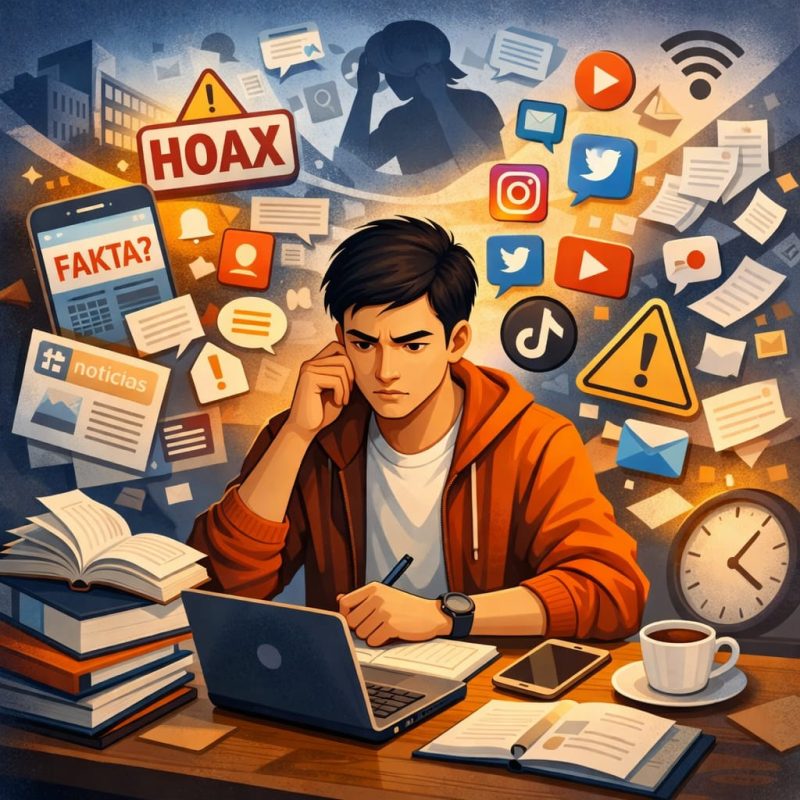 Ilustrasi Mahasiswa Menghadapi Banjir Informasi di Era Digital, (Foto: AI)