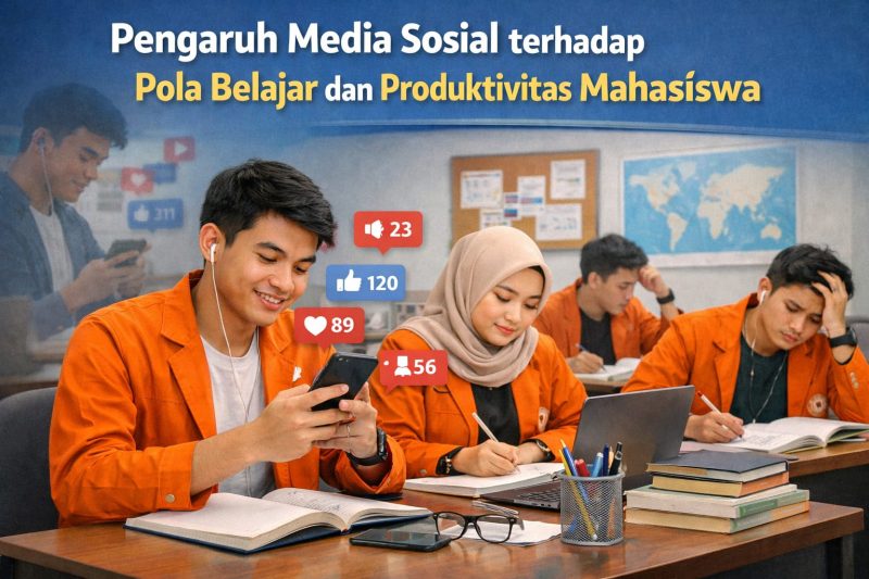 Ilustrasi Mahasiswa dengan Pengaruh Media Sosial terhadap Pola Belajar dan Produktivitasnya, (Foto: AI)