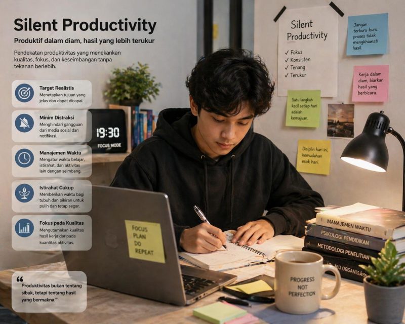 Ilustrasi mahasiswa menerapkan silent productivity, (Foto: AI).