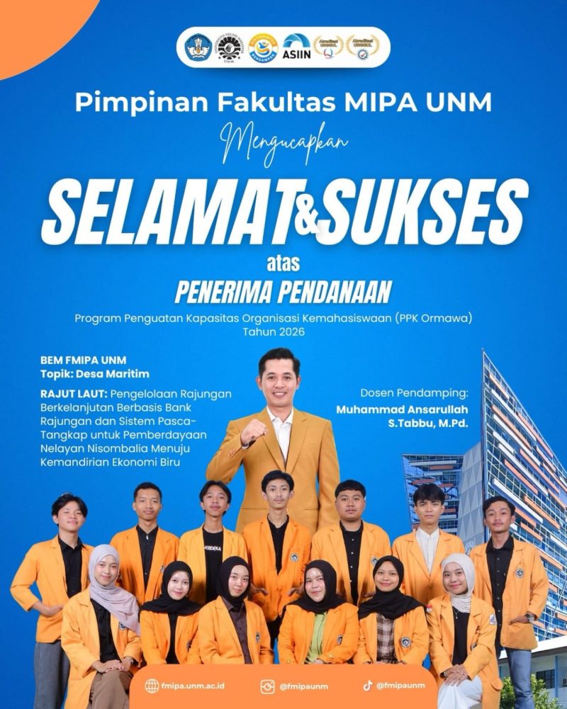 Potret tim BEM FMIPA UNM bersama dosen pendamping berhasil meraih pendanaan PPK Ormawa 2026, (Foto: Int.) 